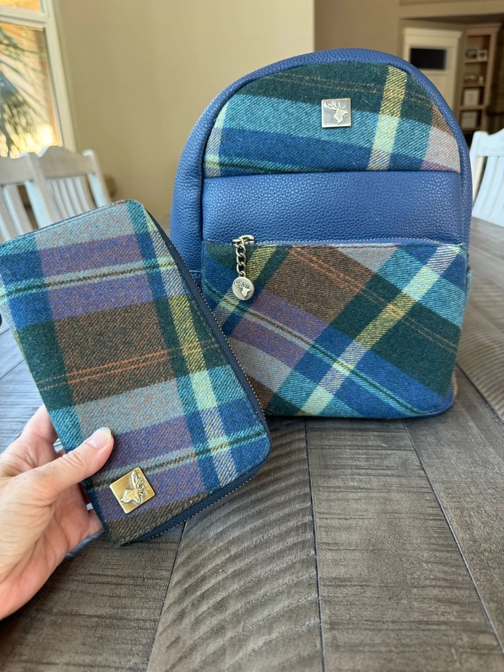 House of Tweed Rucksack Plaid Blue Mini Backpack and Wallet Set